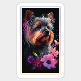 Yorkshire Terrier Dog Vibrant Tropical Flower Tall Digital Oil Painting Portrait Sticker